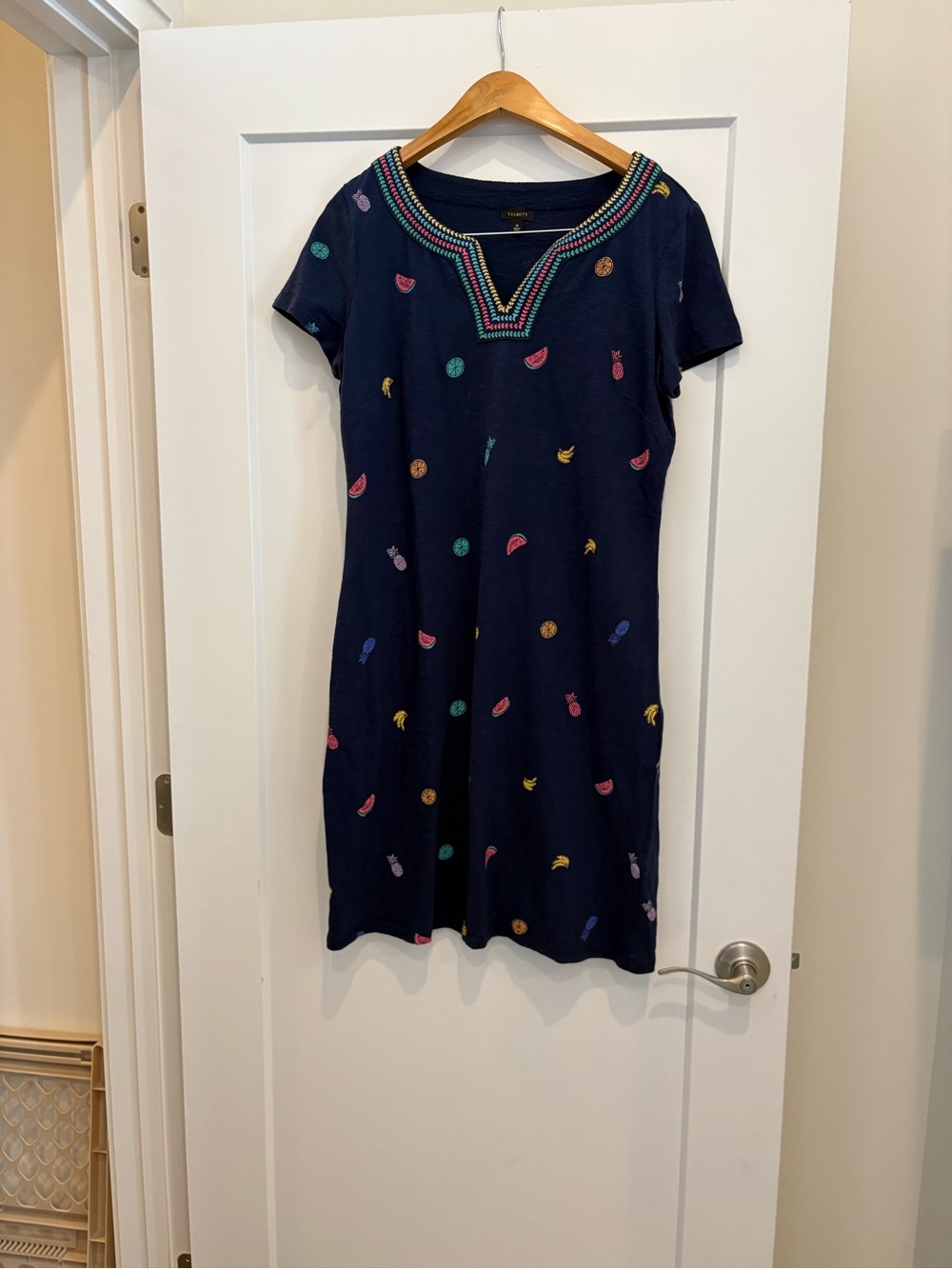 Talbots Navy Short-Sleeve Dress with Colorful Embroidered Fruit